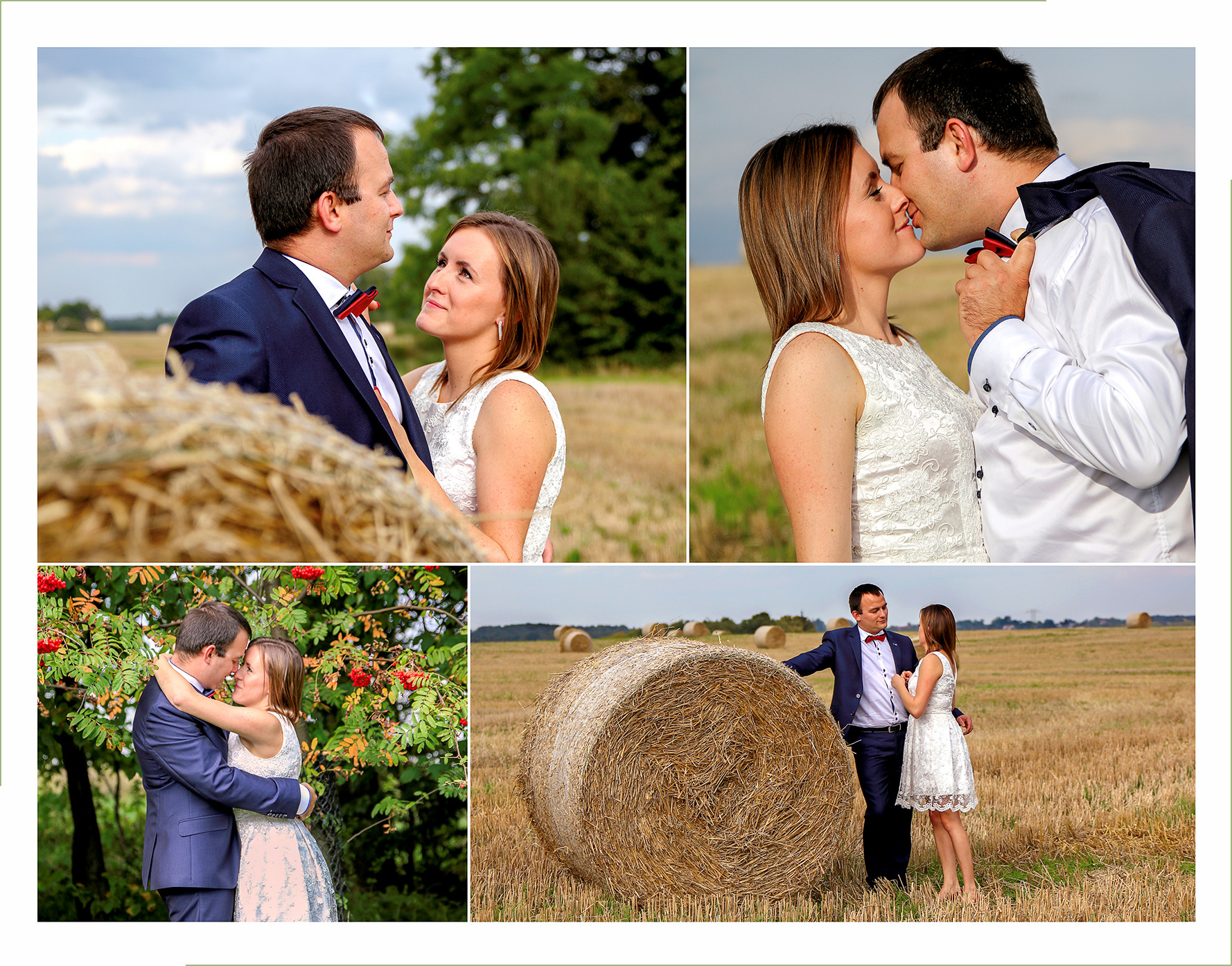 Kolaż z sesji plenerowej pary w strojach wizytowych na tle pola ze słomianymi balotami i zieleni. Mężczyzna w granatowym garniturze z muszką, kobieta w białej koronkowej sukience.