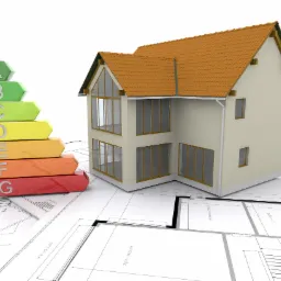 Wizualizacja dwukondygnacyjnego domu z pomarańczową dachówką na planach architektonicznych, obok umieszczona skala efektywności energetycznej od A do G.