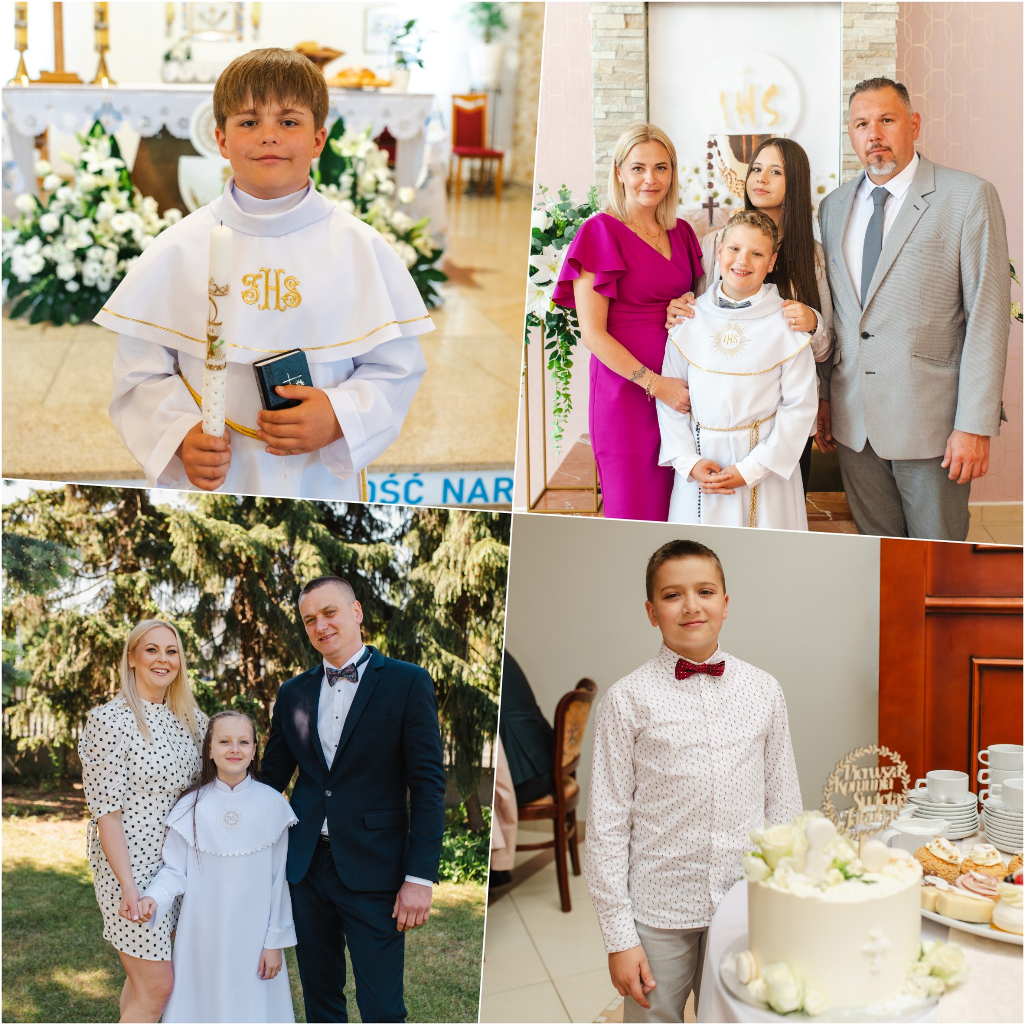 Kolaż zdjęć z uroczystości pierwszej komunii świętej: portrety dziecka w albie, zdjęcia z rodzicami i gośćmi, tort komunijny z dekoracją.