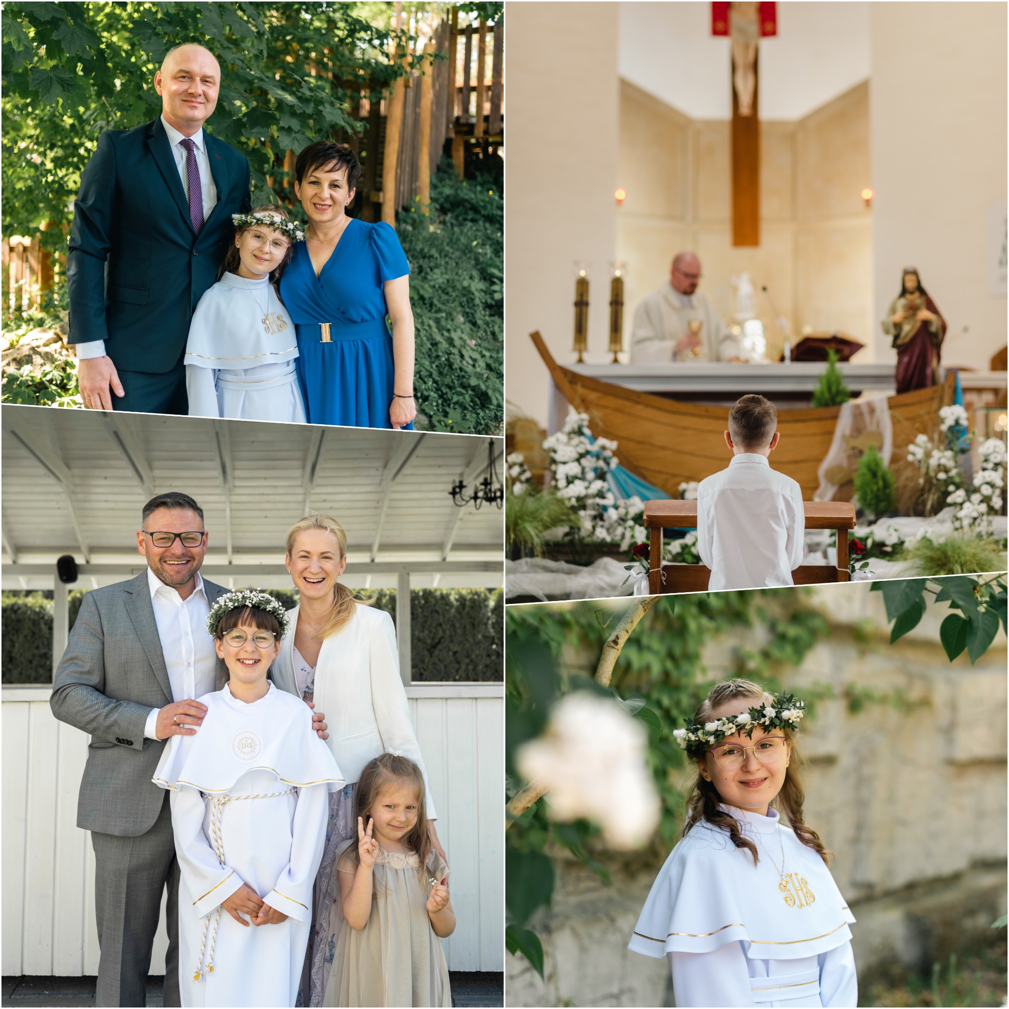 Kolaż z uroczystości Pierwszej Komunii Świętej: portrety rodzinne na zewnątrz i w kościele, dziecko podczas ceremonii, dziewczynka w wianku i albie na tle zieleni.