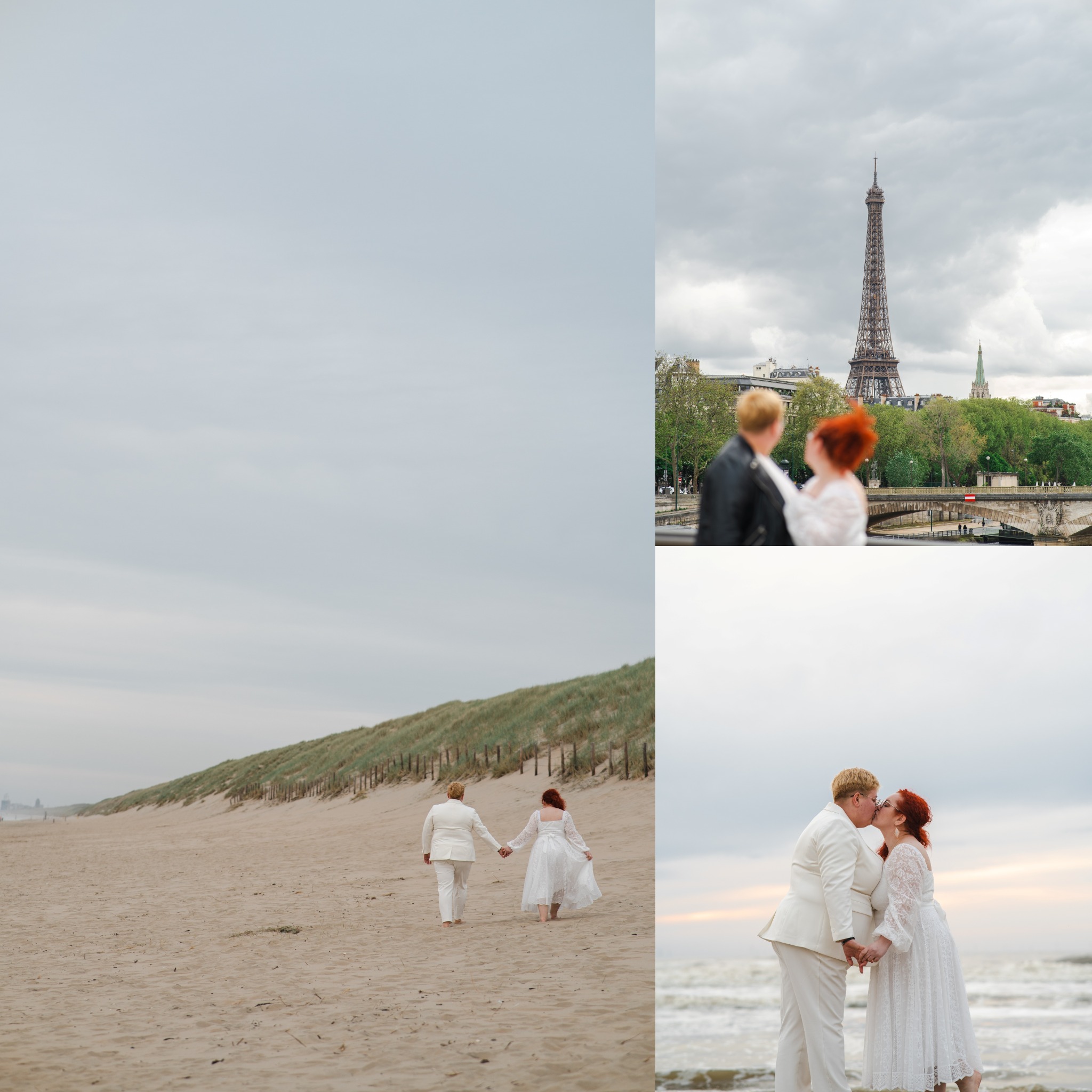 Kolaż z sesji narzeczeńskiej: para w bieli na plaży, w tle wydmy i morze, oraz z widokiem na wieżę Eiffla. Kobiety trzymają się za ręce, spacerują i całują.