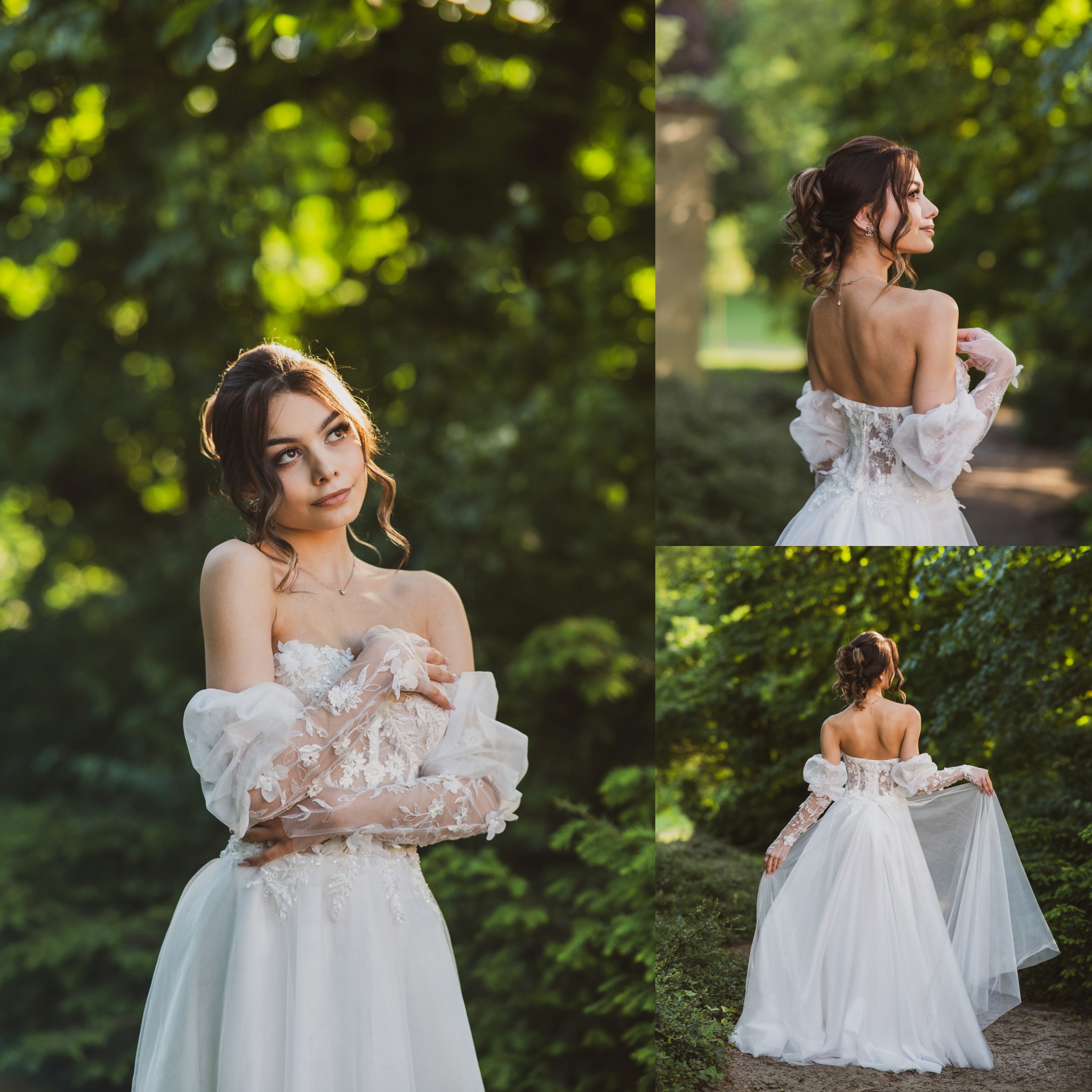 Kolaż z sesji w plenerze: młoda kobieta w białej sukni z koronkowymi rękawami, pozująca na tle zieleni. Ujęcie z przodu i z tyłu, z różnym oświetleniem.