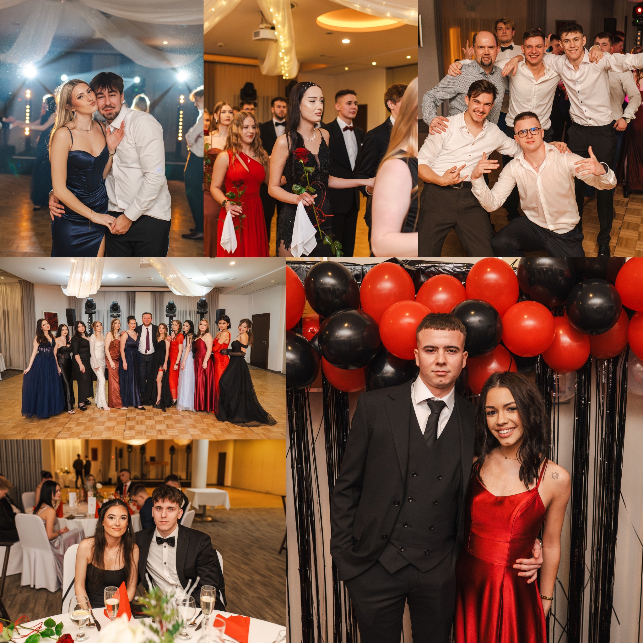 Kolaż zdjęć z balu studniówkowego: pary w eleganckich strojach, grupa przyjaciół, zdjęcia grupowe, dekoracje balonowe, uśmiechnięte twarze, taniec, uroczysta atmosfera.