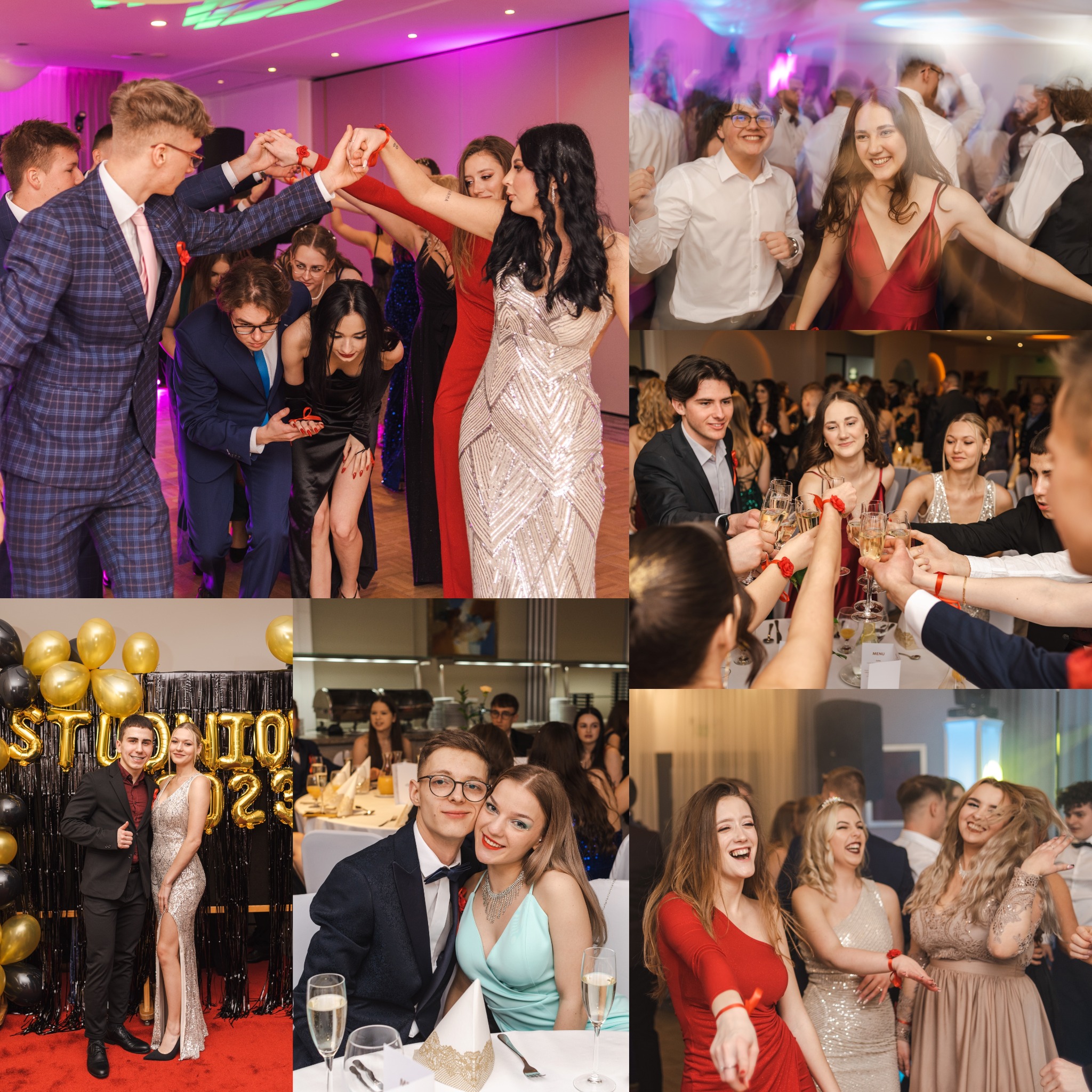 Kolaż z balu studniówkowego: tańczący i pozujący do zdjęć uczniowie w eleganckich strojach, toast szampanem, dekoracje z balonów.