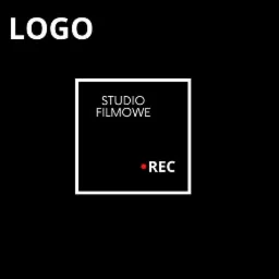 Minimalistyczne logo studia filmowego z białym kwadratem, napisem 'STUDIO FILMOWE' i czerwoną kropką z dopiskiem 'REC' na czarnym tle.
