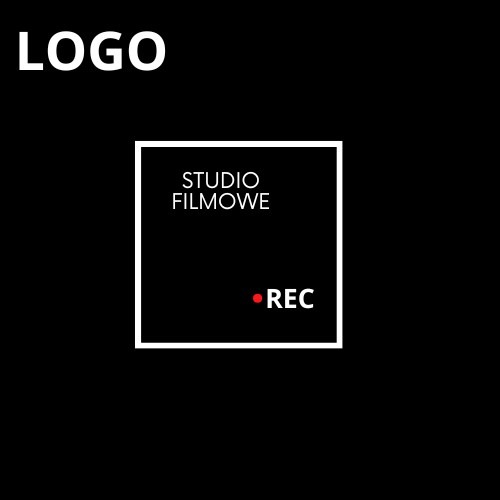 Minimalistyczne logo studia filmowego z białym kwadratem, napisem 'STUDIO FILMOWE' i czerwoną kropką z dopiskiem 'REC' na czarnym tle.
