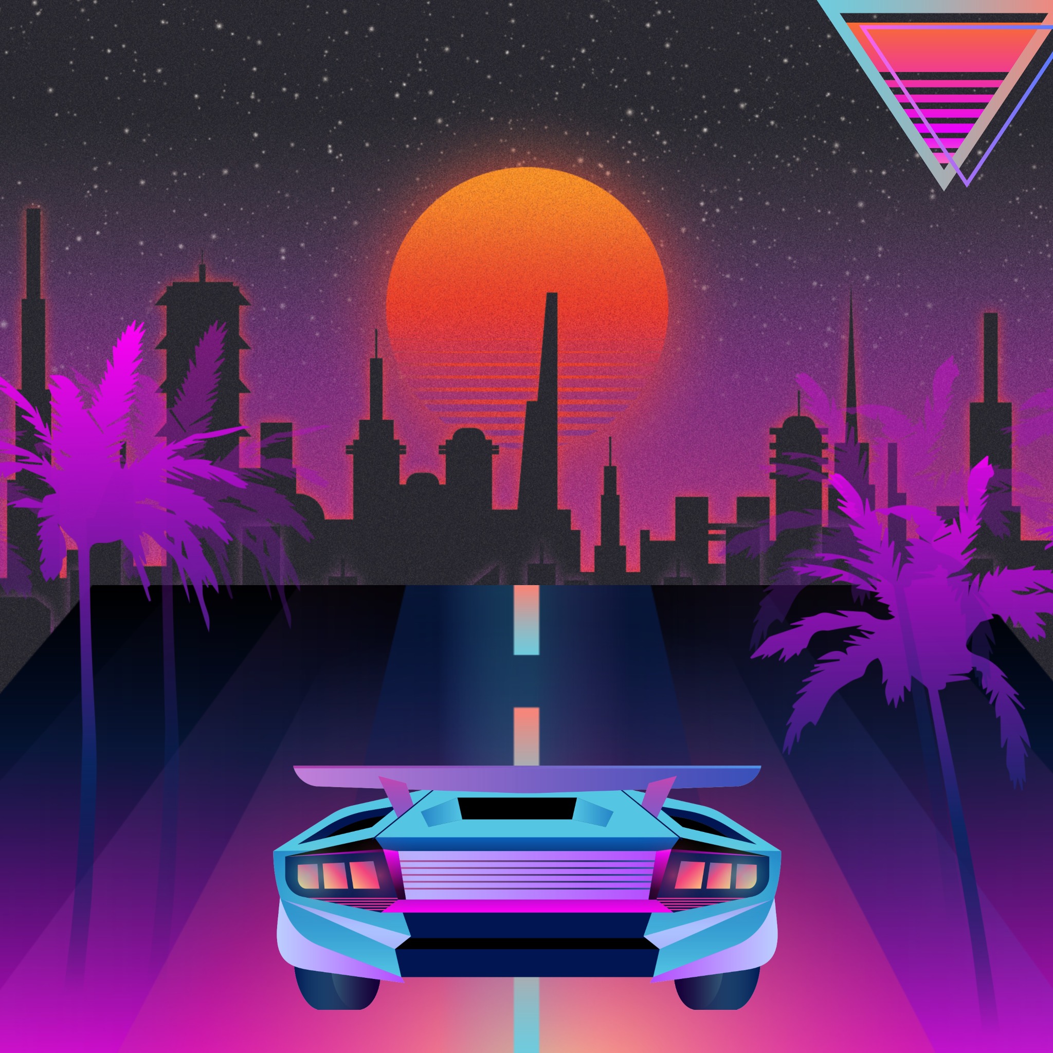 Grafika wektorowa przedstawiająca futurystyczny samochód jadący nocą w kierunku miasta, z palmami po bokach i słońcem w tle, utrzymana w stylu retro-wave z neonowymi kolorami i pikselową fakturą.