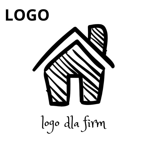 Szkic logo przedstawiający uproszczony dom z kominem, wykonany czarną linią na białym tle, z napisem 'LOGO' u góry i 'logo dla firm' na dole, oba napisy czcionką bezszeryfową.