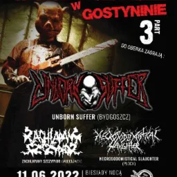 Plakat wydarzenia Grind Wesele w Gostyninie, przedstawiający postać w masce świni trzymającą piłę mechaniczną, nazwy zespołów Unborn Suffer, Zachlapany Szczyplor i Necrosodomistical Slaughter, datę...