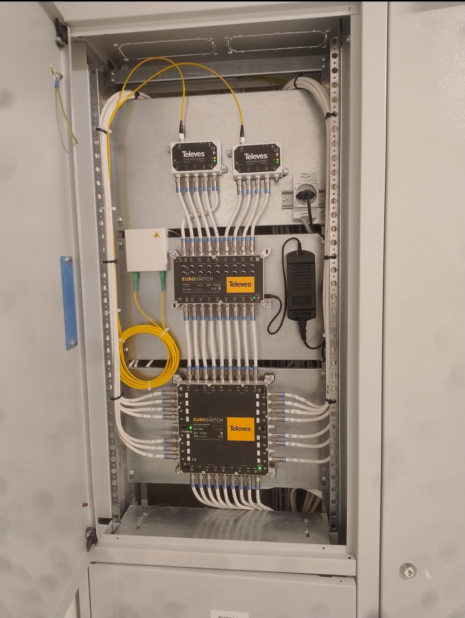 Szafa z rozdzielnicą sygnału TV marki Televes i Euroswitch, z licznymi kablami koncentrycznymi i światłowodowymi, zasilaczem i gniazdkiem. Widok z bliska.