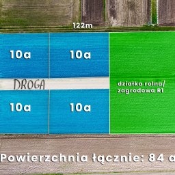 KATARZYNA MIGAS-SKIBA - Plan działki z podziałem na cztery działki po 10 arów każda, oraz działka rolna/zagrodowa R1, widok z lotu ptaka, droga dojazdowa.