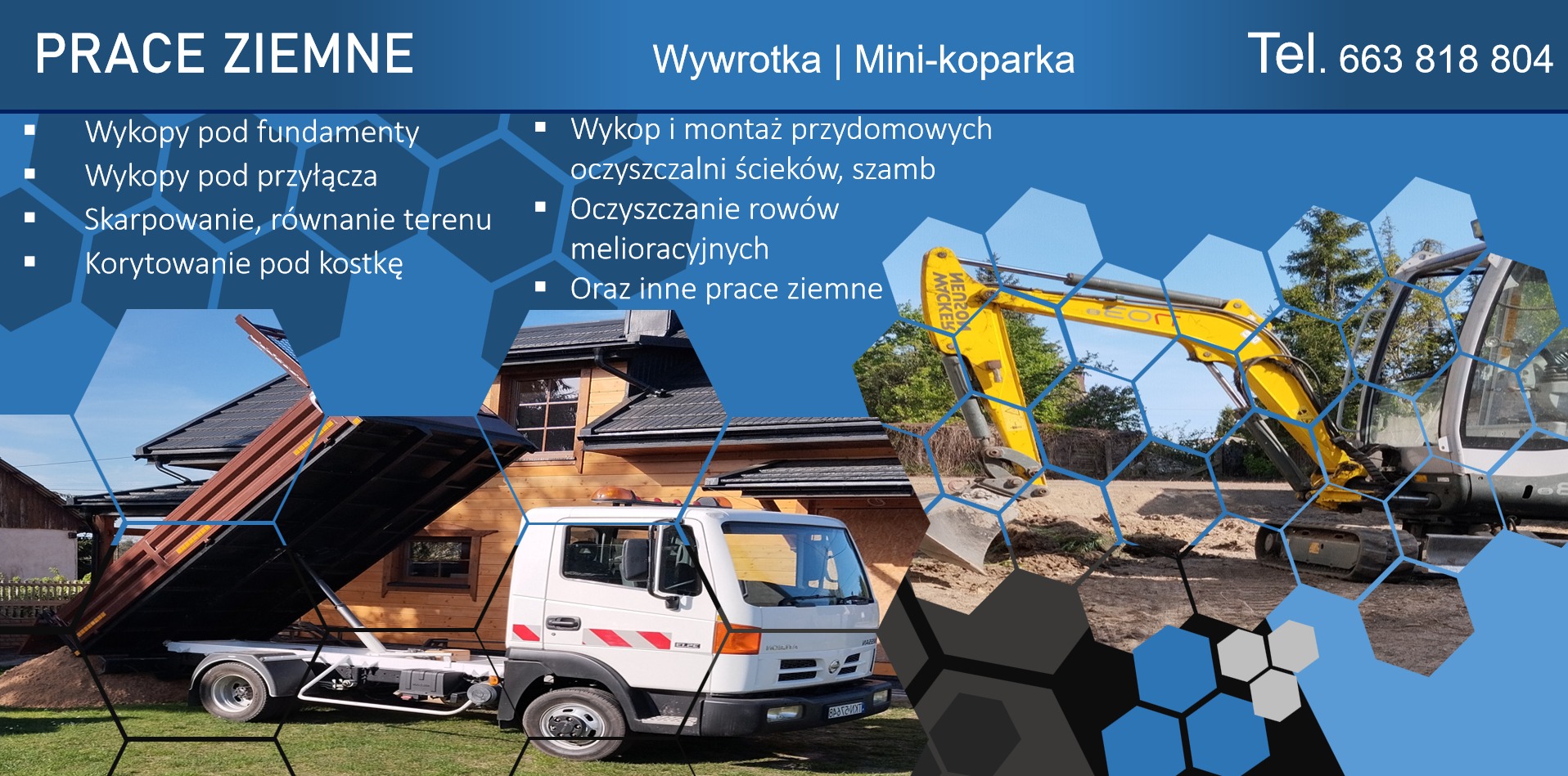 Grafika reklamowa prezentująca wywrotkę z podniesioną skrzynią ładunkową oraz mini-koparkę na tle domu z drewnianą elewacją, z hasłami reklamowymi dotyczącymi prac ziemnych.