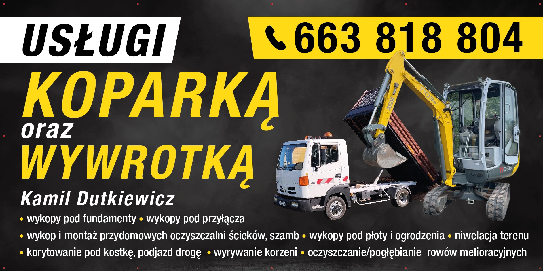 Usługi koparką i wywrotką w miejscowości Ruda Maleniecka, prezentacja sprzętu budowlanego na tle ciemnego tła z informacjami kontaktowymi.