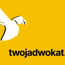 Grafika: biały papug na żółtym tle, z napisem 'twojadwokat.eu'. Minimalistyczny design, logo kancelarii prawnej. Kontrastowe kolory, nowoczesny wygląd.