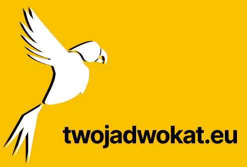 Grafika: biały papug na żółtym tle, z napisem 'twojadwokat.eu'. Minimalistyczny design, logo kancelarii prawnej. Kontrastowe kolory, nowoczesny wygląd.