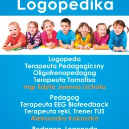 Grafika reklamowa gabinetu logopedycznego z uśmiechniętymi dziećmi i informacjami o specjalistach, w kolorystyce niebiesko-pomarańczowej.
