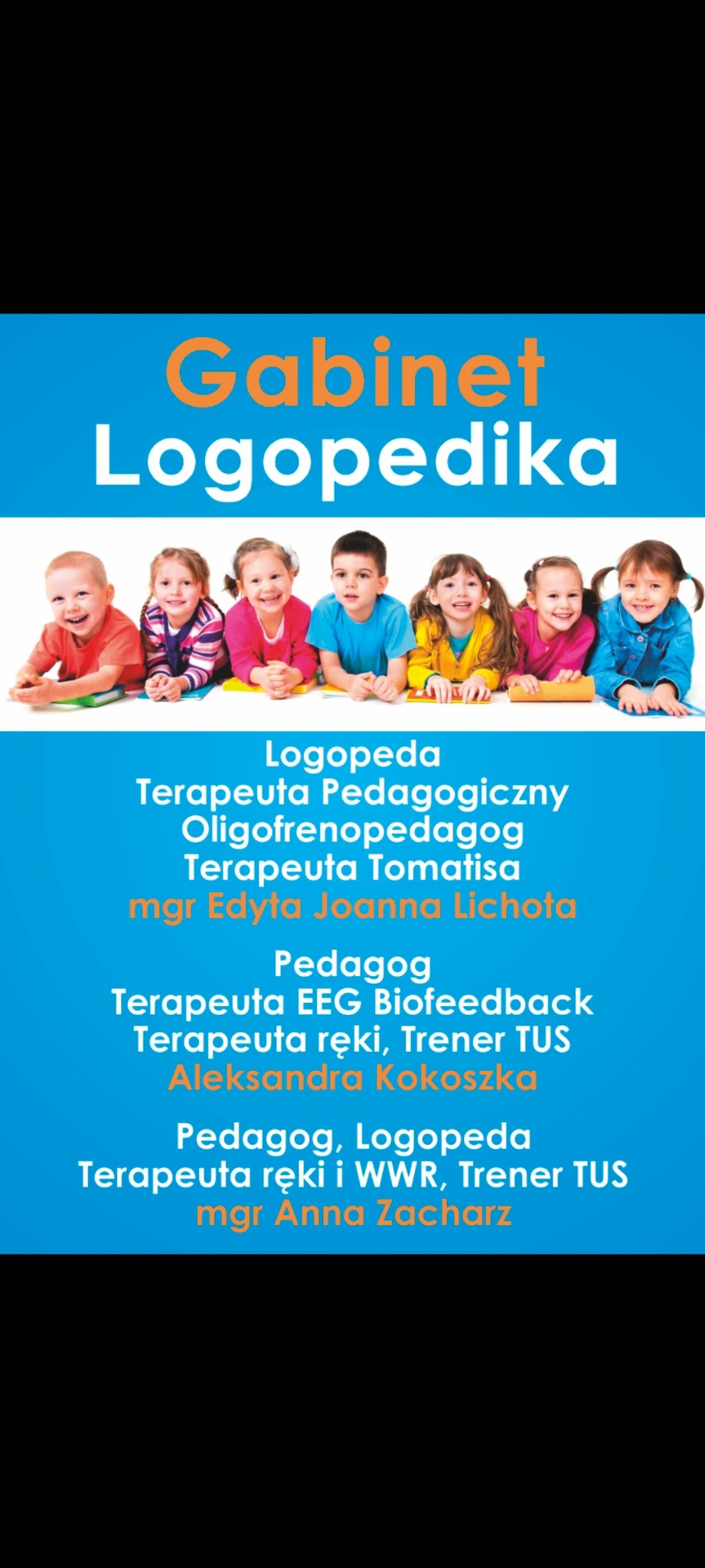 Grafika reklamowa gabinetu logopedycznego z uśmiechniętymi dziećmi i informacjami o specjalistach, w kolorystyce niebiesko-pomarańczowej.