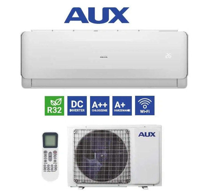 Klimatyzator AUX model FREEDOM z pilotem, widoczne oznaczenia R32, DC Inverter, klasa energetyczna A++ dla chłodzenia i A+ dla ogrzewania oraz Wi-Fi, na białym tle.