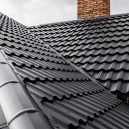 Czarny dach z blachodachówki modułowej, widoczny komin z cegły, orynnowanie w kolorze dachu, na tle pochmurnego nieba.