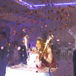 Uroczystość osiemnastych urodzin: młoda kobieta w koronie zdmuchuje świeczki na dwupiętrowym różowym torcie, otoczona fontannami iskier i opadającym konfetti w kształcie gwiazdek i serc.