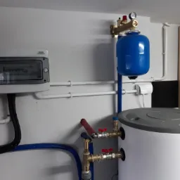 Zamknięty obieg wody grzewczej: biały zasobnik, niebieskie naczynie wzbiorcze, rury miedziane z zaworami, manometr, zabezpieczenia i rozdzielnia elektryczna na ścianie.