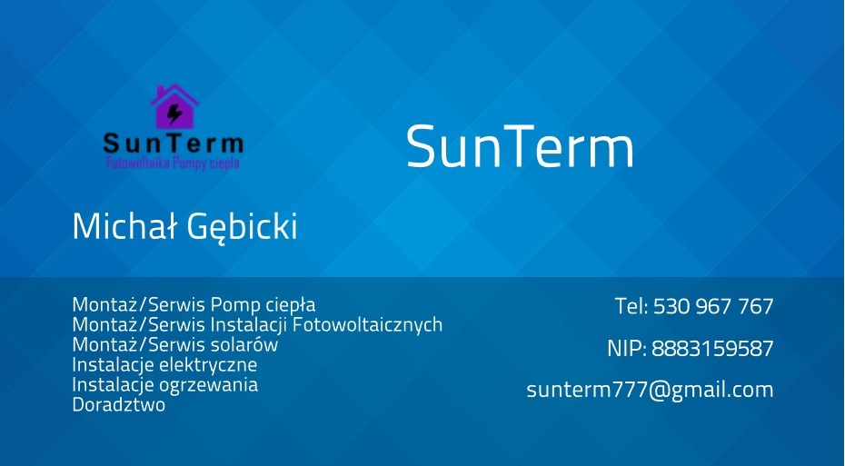 Grafika reklamowa firmy SunTerm oferującej montaż i serwis pomp ciepła oraz instalacji fotowoltaicznych, z podanym numerem telefonu i adresem e-mail.