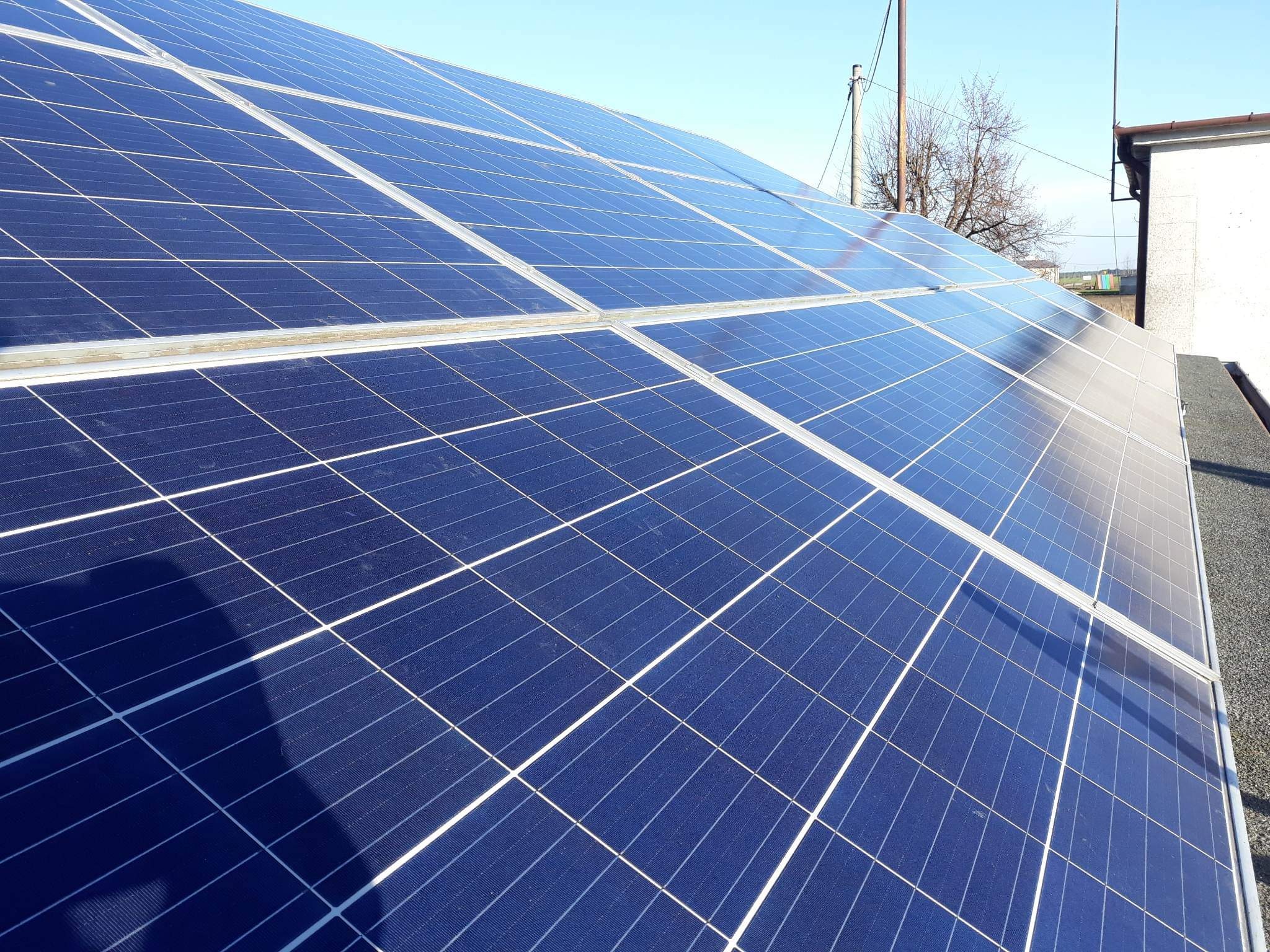 Układ paneli fotowoltaicznych na dachu budynku, widoczne połączenia między panelami i odbicie nieba na powierzchni paneli, w tle słup elektryczny i drzewo bez liści.