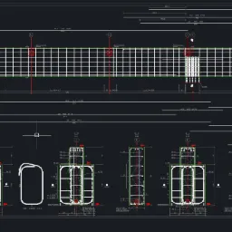 Techniczny rysunek CAD zbrojenia ramy żelbetowej, zawierający przekroje poprzeczne i podłużne, z wymiarami i opisami.