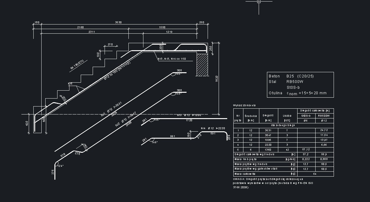 Rzut konstrukcyjny schodów żelbetowych z wymiarami, specyfikacją stali i betonu, oraz zestawieniem zbrojenia.