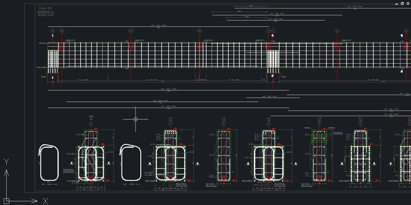 Techniczny rysunek CAD zbrojenia ramy żelbetowej, zawierający przekroje poprzeczne i podłużne, z wymiarami i opisami.