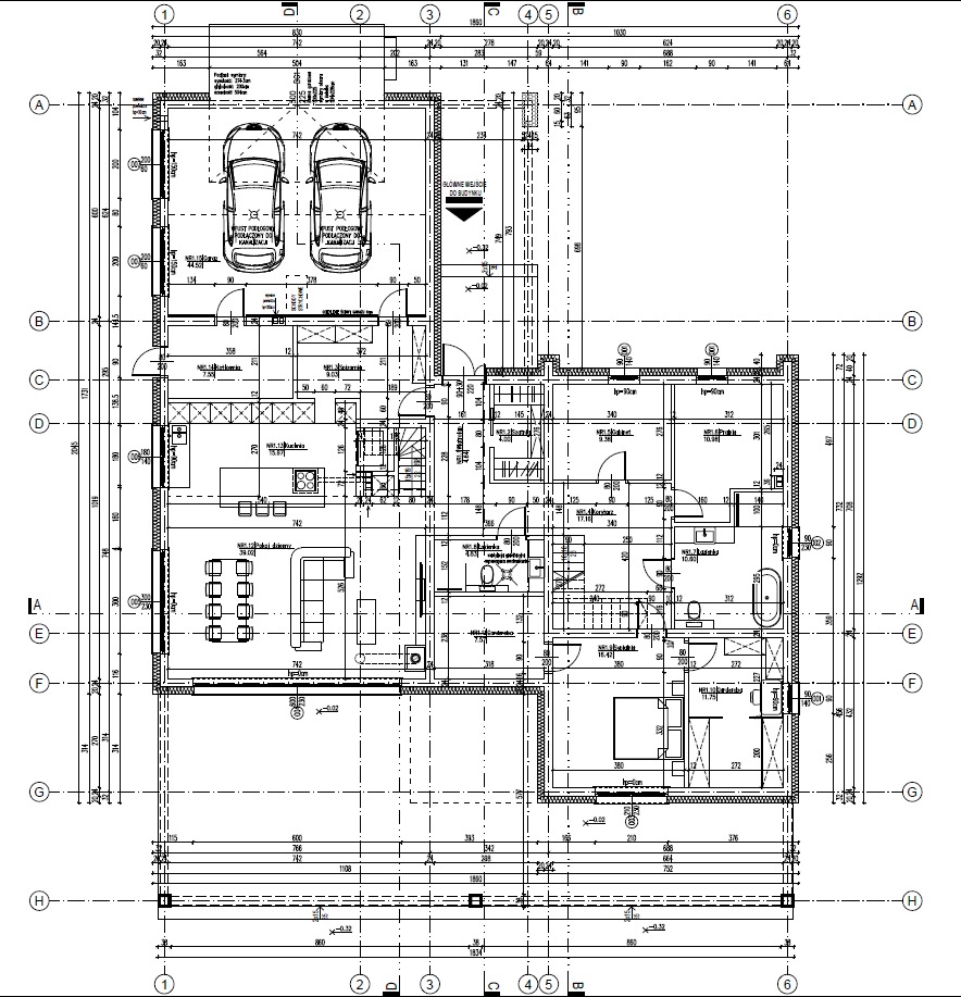 Plan architektoniczny domu jednorodzinnego, widok z góry, prezentujący rozkład pomieszczeń, w tym garaż z dwoma samochodami, salon, kuchnię, schody, łazienkę i sypialnię, z precyzyjnymi wymiarami...