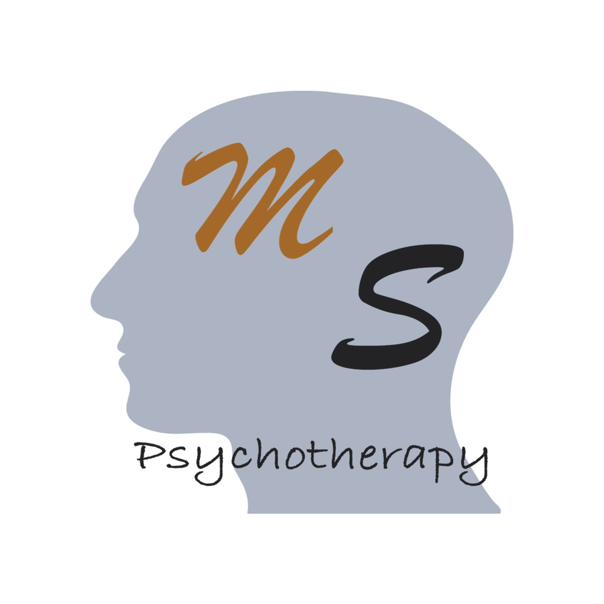 Grafika przedstawia profil głowy w odcieniach szarości z literami 'M' w kolorze brązowym i 'S' w kolorze czarnym umieszczonymi wewnątrz, poniżej napis 'Psychotherapy' czcionką przypominającą pismo...