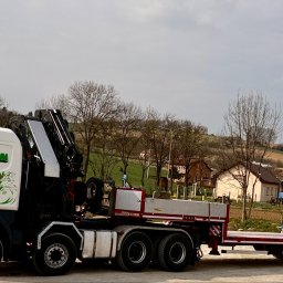 HDS Niepolomice - Biała laweta Scania z żurawiem i przyczepą na tle wiejskiego krajobrazu. Na kabinie ozdobne figurki gołębi i zielone grafiki. Widoczne detale konstrukcji i oświetlenia.