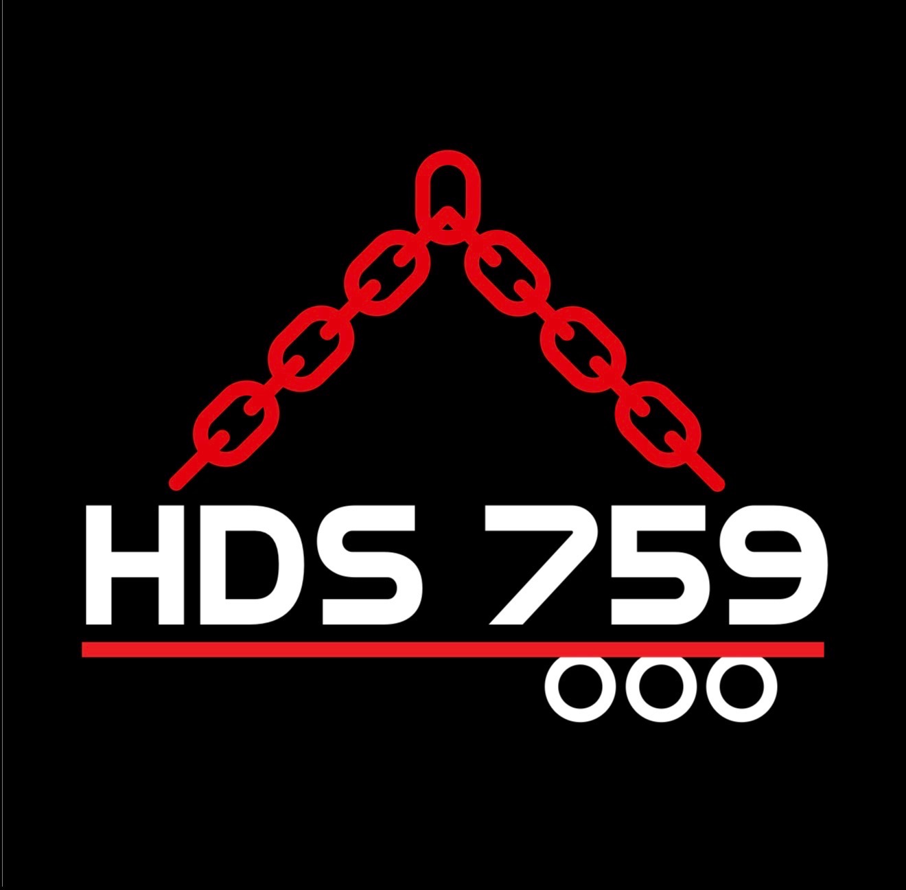 Grafika z nazwą firmy HDS 759 i symbolem łańcucha w kolorze czerwonym, na czarnym tle. Logo firmy transportowej lub lawety.