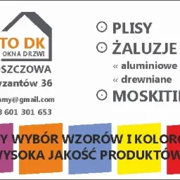Reklama firmy Datobramy DK z Włoszczowy oferującej plisy, żaluzje (aluminiowe i drewniane), moskitiery, bramy, okna i drzwi. Informacja o dużym wyborze wzorów i kolorów oraz wysokiej jakości...