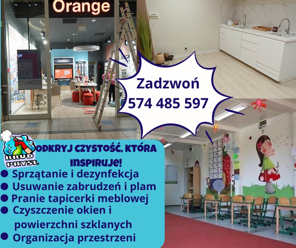 Kompozycja z fragmentami zdjęć: wnętrze sklepu Orange z drabiną, biała łazienka z umywalkami i przedszkole z malunkami na ścianach, całość z nakładką reklamową firmy sprzątającej z numerem telefonu.