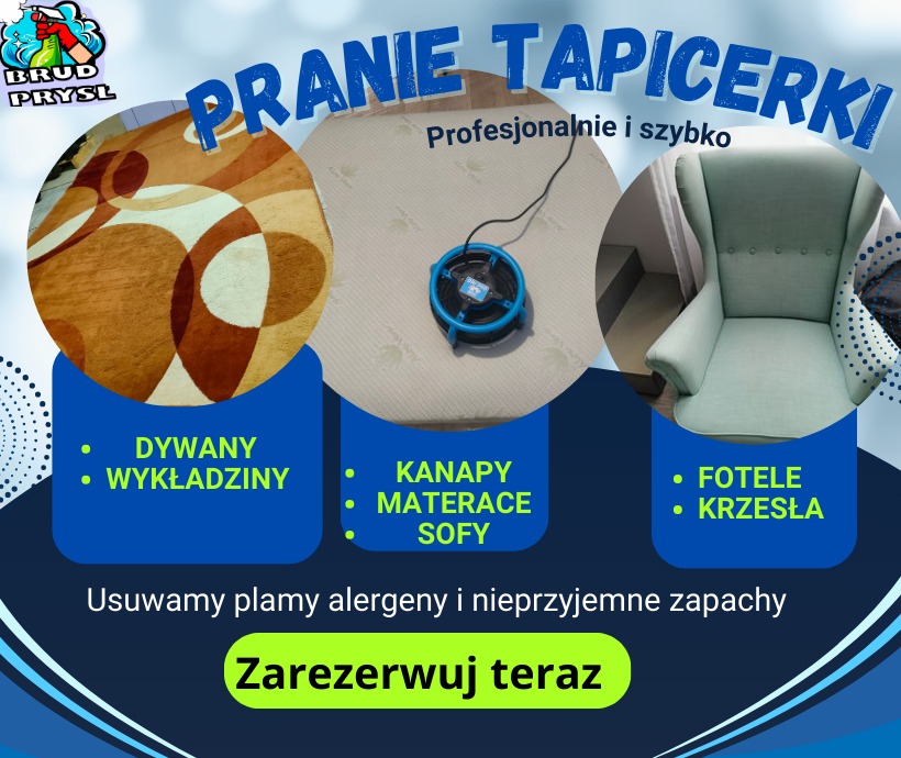 Grafika reklamowa firmy oferującej usługi czyszczenia: dywan z abstrakcyjnym wzorem, materac z urządzeniem czyszczącym i jasnozielony fotel uszak.