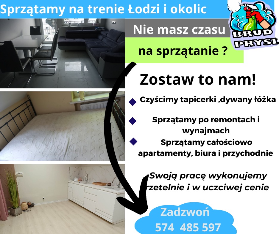 Kompozycja trzech zdjęć przedstawiających wnętrza po sprzątaniu: salon z narożnikiem i stołem, sypialnia z łóżkiem oraz kuchnia z białymi szafkami, połączonych z grafiką reklamową firmy...