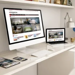 Nowoczesne biurko z komputerem stacjonarnym, laptopem, tabletem i smartfonem wyświetlającymi stronę internetową z artykułami o podróżach, jedzeniu i dekoracjach. Białe meble, srebrna lampka...