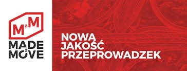 Czerwone tło z logo firmy Made2Move i białym napisem 'Nowa jakość przeprowadzek'.