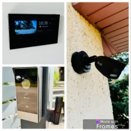 Kompilacja zdjęć: Panel sterowania systemem monitoringu z podglądem na żywo, kamera zewnętrzna marki HiLook zamontowana na elewacji, oraz wideodomofon Ezviz przy furtce.