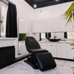 Nowoczesny gabinet kosmetyczny z czarnym fotelem zabiegowym, białymi szafkami, czarną umywalką i elementami zieleni w tle, oświetlony punktowymi lampami.