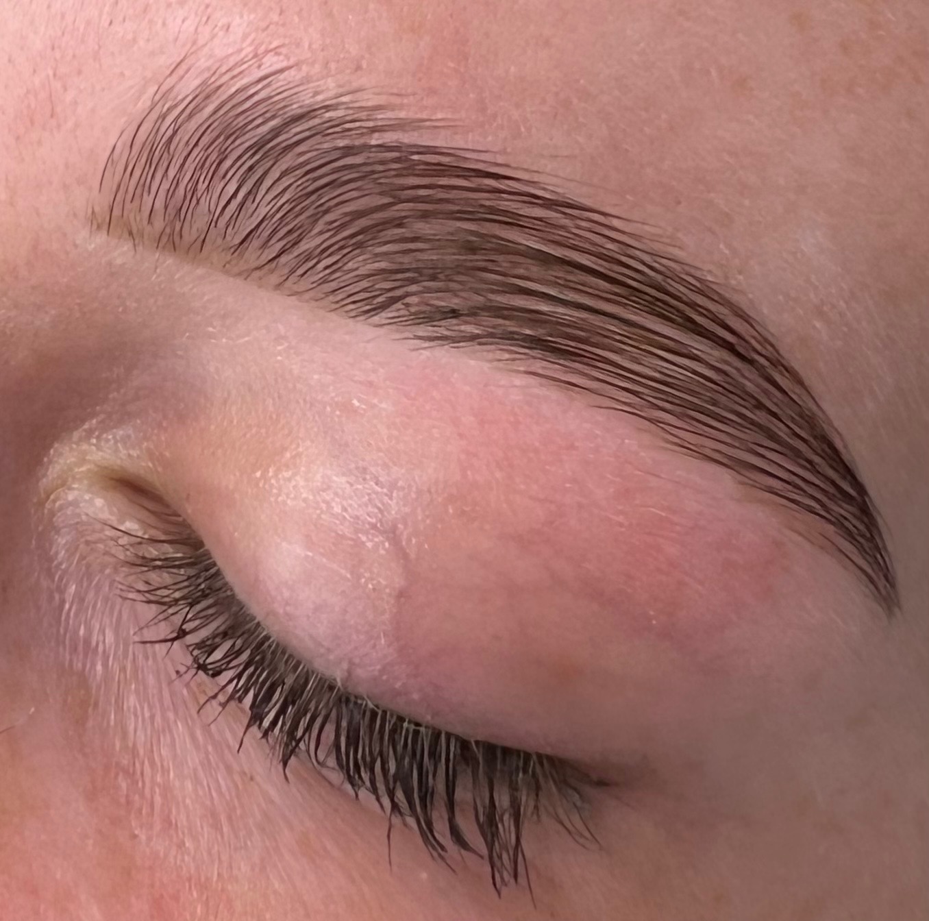 Zbliżenie na brązowe brwi po laminacji, widoczne pojedyncze włoski ułożone w idealnym łuku, zamknięte oko z ciemnymi rzęsami.
