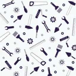 Wzór z ikonami narzędzi: klucze, piły, pędzle, kielnie, młotki, śrubokręty, wałki do malowania, miarki i koła zębate na tle siatki.