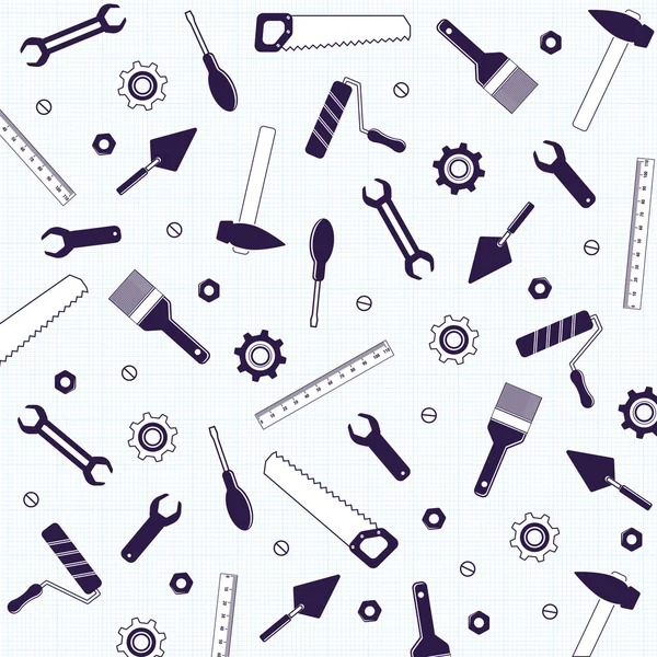 Wzór z ikonami narzędzi: klucze, piły, pędzle, kielnie, młotki, śrubokręty, wałki do malowania, miarki i koła zębate na tle siatki.