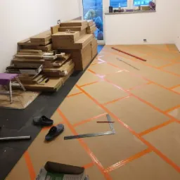 Przygotowanie podłoża pod nową podłogę: kartonowe arkusze z pomarańczową taśmą wyznaczają wzór ułożenia, obok sterta zapakowanych paneli, narzędzia i robocze obuwie.