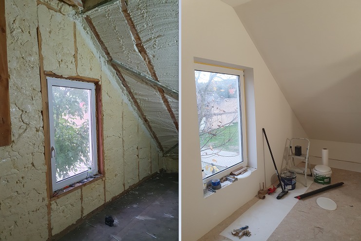 Porównanie stanu poddasza przed i po ociepleniu pianką PUR i wykończeniu ścian, widoczne okno w obu fazach prac.