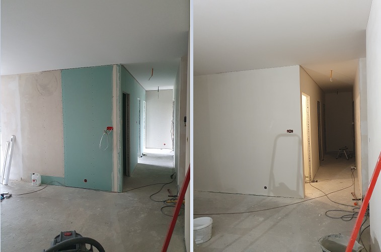 Dzielone ujęcie wnętrza w trakcie remontu: po lewej surowe ściany z płyt karton-gips, po prawej ściany po szpachlowaniu i malowaniu na biało, widoczne kable i narzędzia.