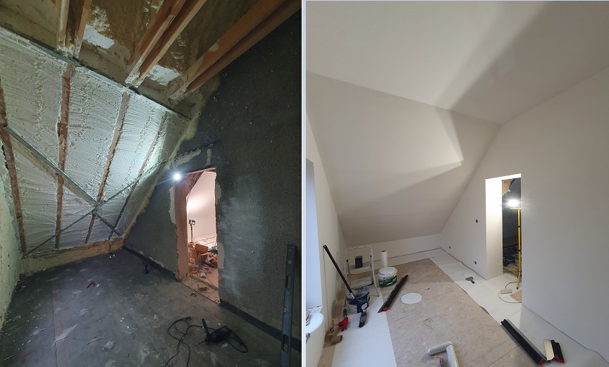 Porównanie stanu poddasza przed i po izolacji pianką oraz wykończeniu ścian, widoczne drewniane elementy konstrukcyjne dachu i oświetlenie robocze.