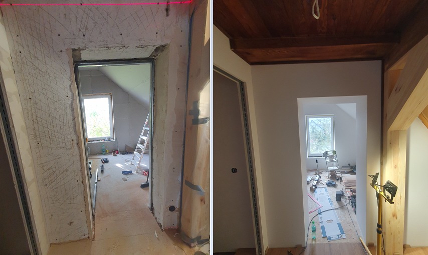 Porównanie stanu surowego i wykończonego otworu drzwiowego w pokoju na poddaszu, widoczna laserowa linia poziomująca, szpachlowana ściana zarysowana pod tynk i gładka, pomalowana ściana...